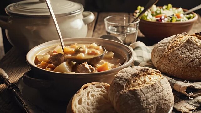 Close up of food display with bread soup and salad on a wooden table with overhead lighting