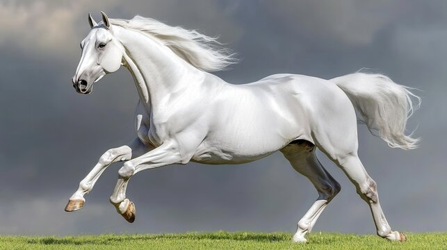 Majestic White Horse Running Freely Across Open Field