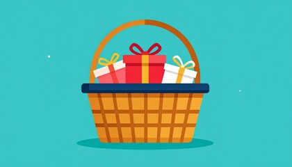 Gift basket with red presents and ribbons floating on turquoise water holiday concept