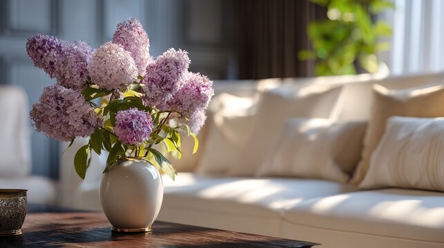 Beautiful artificial flowers in a vase near the sofa