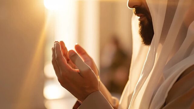 Bearded man in white traditional clothes holding hands up in prayer dua inside mosque with sun flare background for religious moment