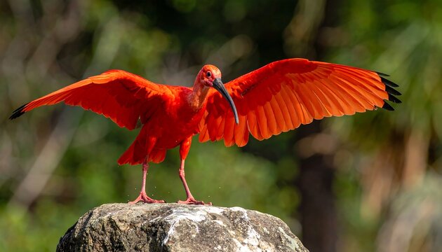 Scarlet Ibis Displaying Wings on Rock in Natural Habitat.