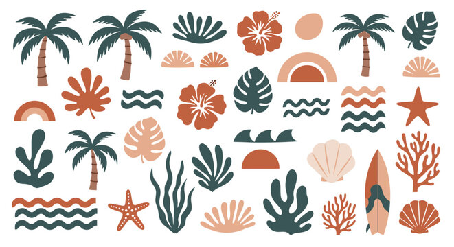 Collection of tropical beach elements including palm trees shells waves coral and hibiscus flowers in warm tones.