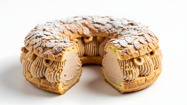 French Paris-Brest pastry with cream filling, isolated on white