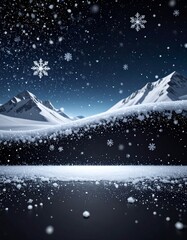 Snow-covered mountains under a dark sky with falling snowflakes, creating a serene winter scene