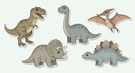 An adorable collection of dinosaur illustrations, designed as a sticker icon set for a prehistoric themed nursery. These whimsical digital illustrations feature a friendly T-Rex, Brontosaurus, Tricera