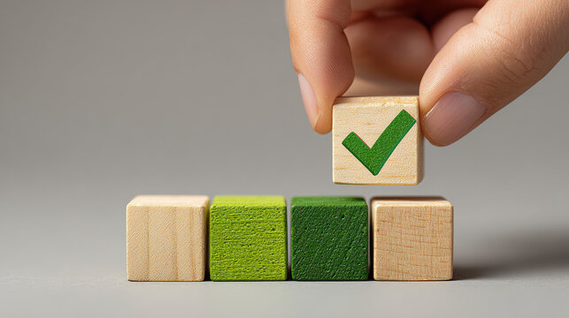 Choice Cubes: A hand places a wooden block adorned with a green check mark onto a row of wooden cubes, symbolizing choice, selection, and the moment of decision.