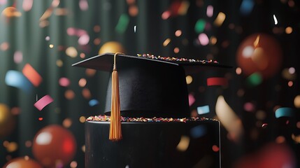 Graduation cap sitting atop a podium, encircled by scattered sheets