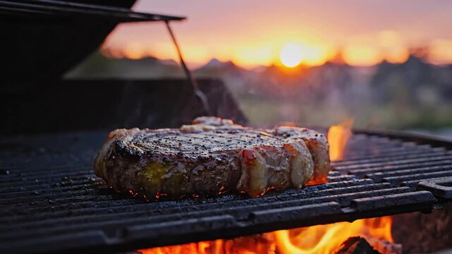 Grilled meat on a grate with flames during evening