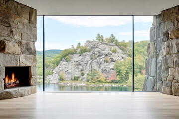Obraz premium Scenic view of a modern interior with a stone fireplace and a mountain lake backdrop during a sunny day