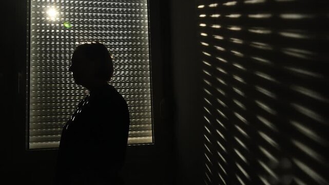 Silhouette of a woman standing at a dark window, dramatic blinds light creating shadow pattern on wall, expressing loneliness, stress or deep thought in moody interior. 4K.