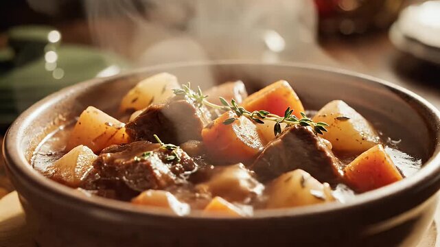 Steaming bowl of stew with vegetables close up culinary image