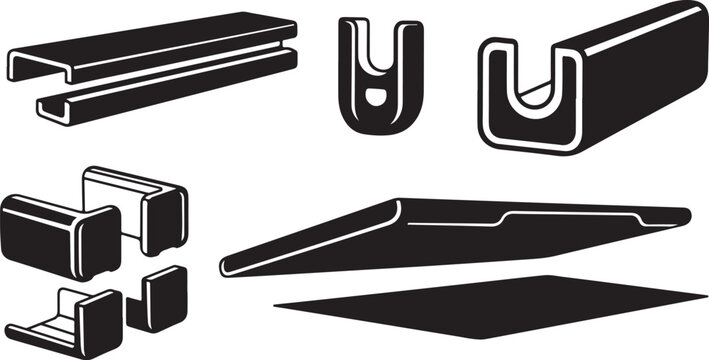 Black and white metal profiles and sheets illustration set