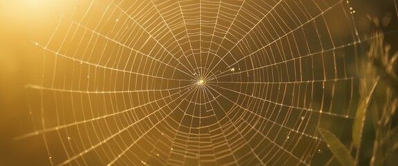 Obraz premium Spider web with dew drops in golden sunset light