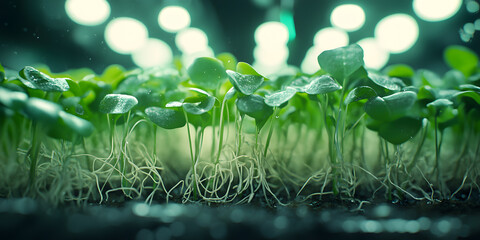 Green leafy sprouts grow in a vertical hydroponic system under energy-efficient LED grow lights. Sustainable indoor farming solution as clean tech agricultural innovation for urban homes.