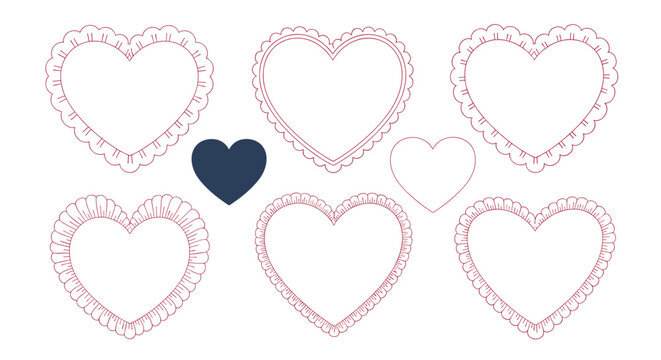 Collection of heart shaped frames with decorative ruffled borders and solid heart icons for romantic designs and wedding cards.