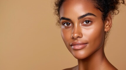 Naklejka premium Beautiful woman with natural makeup and glowing skin against a warm beige background showcasing health and confidence