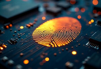 Glowing fingerprint on circuit board symbolizes cybersecurity, digital identity verification, biometric authentication, AI innovation, data protection, encryption, futuristic technology.