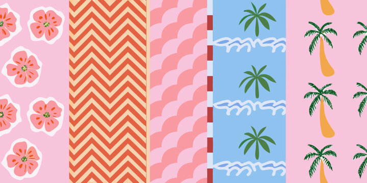 Colorful patterns featuring flowers chevrons waves and tropical palm leaves