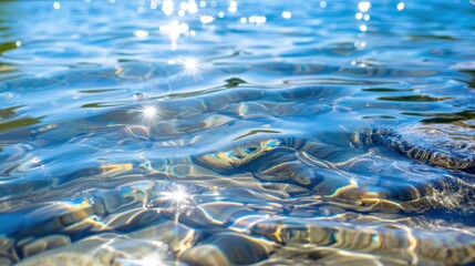 Sparkling Blue Water Surface with Gentle Ripples and Bright Sunlight Reflections for Tranquil Nature Aesthetics
