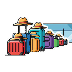 Colorful Suitcases with Hats on Conveyer Belt.