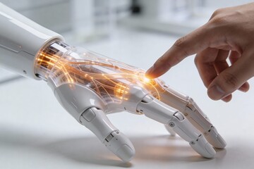 Zukunft der Arbeit: Menschliche Hand f&uuml;hrt sanfte Interaktion mit hochmoderner bio-organischer Roboterhand, helles minimalistisches Design