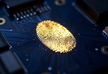 Glowing fingerprint on circuit board symbolizes cybersecurity, digital identity verification, biometric authentication, AI innovation, data protection, encryption, futuristic technology.