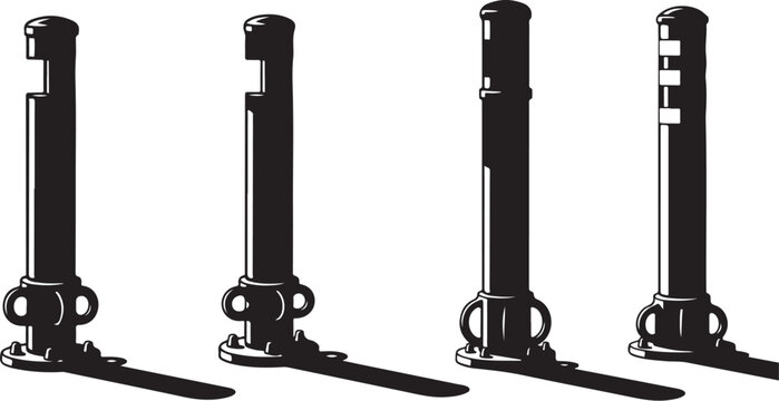 Four black parking bollards in a row on white