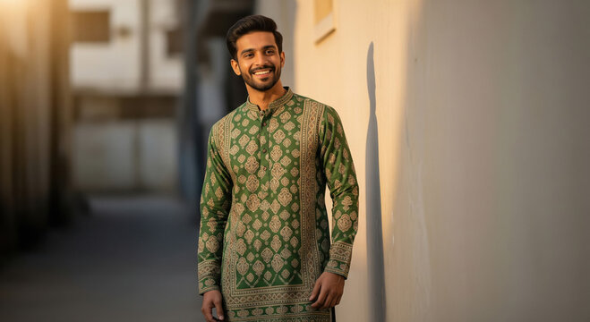 happy young indian man wearing traditional kurta on diwali festival