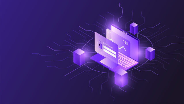 Futuristic 3D laptop with padlock and blockchain data charts for cybersecurity technology concept