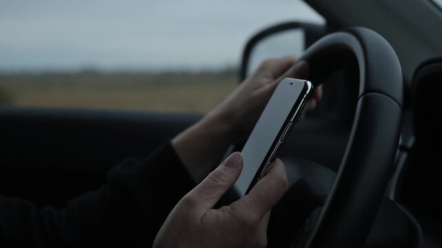 Irresponsible female driver using mobile phone while driving through countryside landscape. 4K.