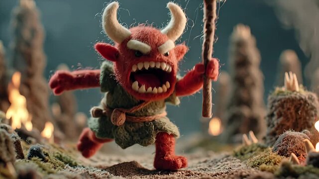 Fearsome Red Demon Warrior Charging with Mace in Volcanic Landscape.