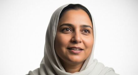 happy muslim woman wearing hijab standing on white background