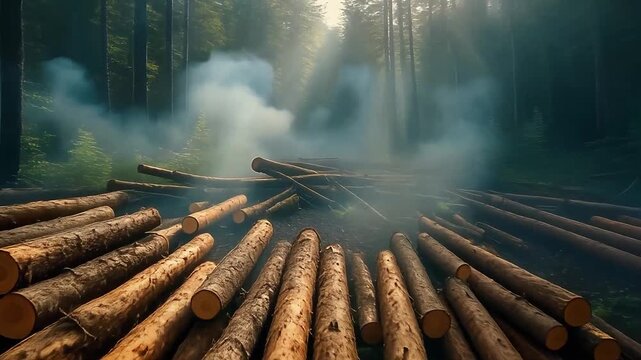 Harvested timber logs stacked in a sun-drenched, misty forest, showcasing the impact of logging on nature.