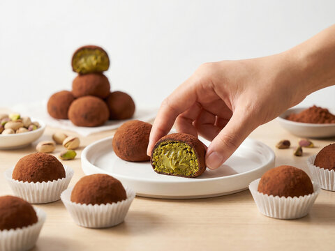 실내 테이블 위 두바이쫀득쿠키의 단면과 플레이팅, Dubai-style chewy cookies with pistachio filling indoors