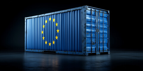 Obraz premium logistic container in port with EU flag, international trade, globalisation, trade agreement, goods