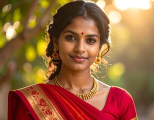 Smiling woman in red saree, gold jewelry, and a bindi posing against a blurred, sunlit background