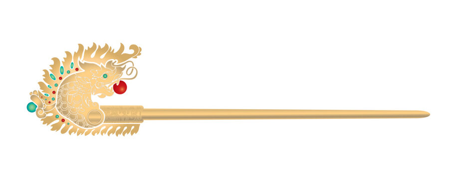 Korean Royal Gold Binyeo Hairpin with Dragon Motif, Traditional Joseon Dynasty Ornament Vector