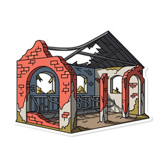 Damaged Building with Broken Walls and Roof.