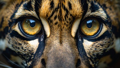 Obraz premium Close-up portrait of intense jaguar eyes in wild natural habitat with golden lighting