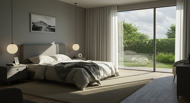 Modern Minimalist Bedroom With Large Glass Doors.