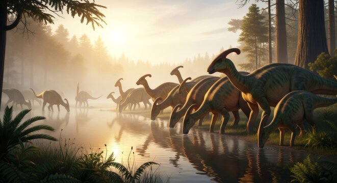 Herd of parasaurolophus dinosaurs drinking water from a lake at sunset. Prehistoric animal life in the Jurassic period. Ancient world concept.
