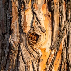 Rough, textured tree bark with knot hole, showcasing warm brown and orange hues in textured patterns