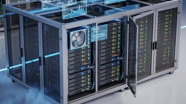 Data center servers racks technology and computers information networking animation concept