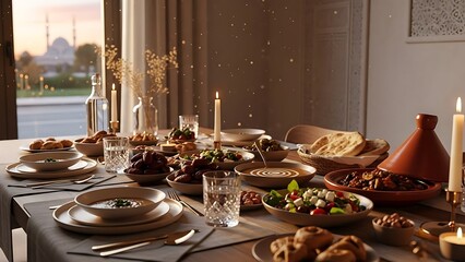 Elegant Ramadan Iftar Table Setting with Delicious Food and Candles.