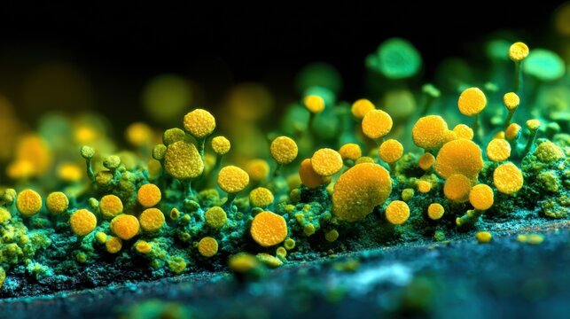 Bright yellow fungi grow on a dark surface in a damp environment during a close-up nature observation
