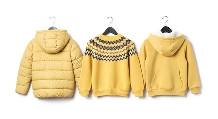 Three yellow children's outerwear items: puffer jacket, fair isle sweater, hoodie