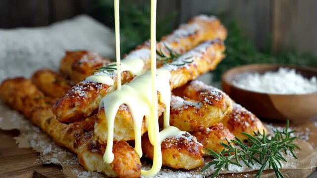 A plate featuring a creamy dip accompanied by several crispy breadsticks.