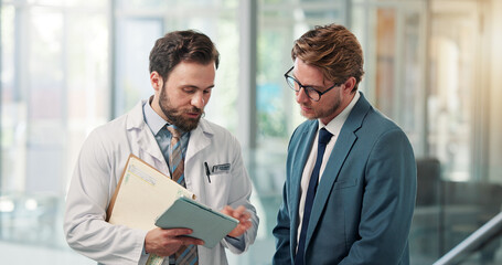 Doctor, businessman or tablet with discussion in clinic for appeal process, clarify billing info or...
