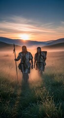 Obraz premium Man and woman in primitive clothing walking through misty grass field at sunrise. Ancient tribal life, early civilization and human history.